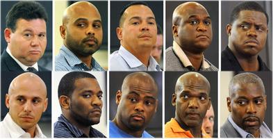 Those accused in connection with an inmate’s beating on Rikers Island last July: Top row from left: Eliseo Perez, retired assistant chief; Officer Jose Parra; Officer Alfred Rivera; Officer Tobias Parker; and Capt. Michael Pollard; bottom row from left, Officer David Rodriguez; Officer Jeffrey Richard; Officer Harmon Frierson; Officer Dwayne Maynard; and Capt. Gerald Vaughn. 