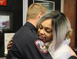 Deianeira Ford, 21, of Tinley Park, is greeted by Zion police Chief Steve Dumyahn on Jan. 6, 2017, at the city's police station, where Ford went to thank him for his department's support. 